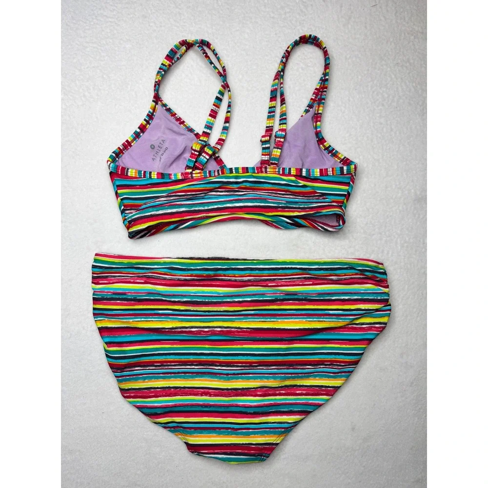 Athleta Striped Bikini Set 32 D/DD Top L Bottom Multi Color Swimwear